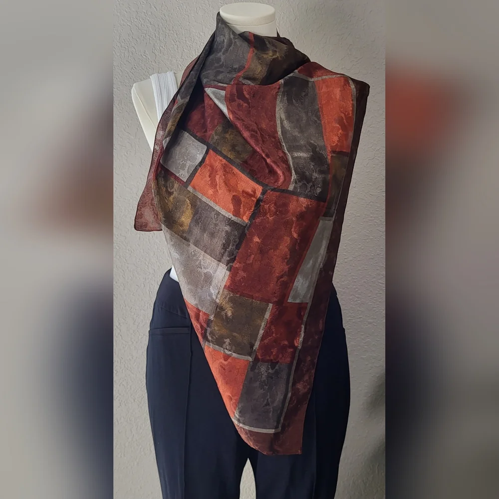 Chic Brown and Gray Geometric Scarf Wrap - 34 x 34 - Picture 7 of 9